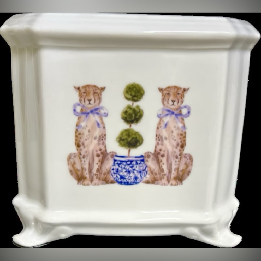7" Leopard Square Planter,  White Porcelain, Decor, Centerpiece, Gift